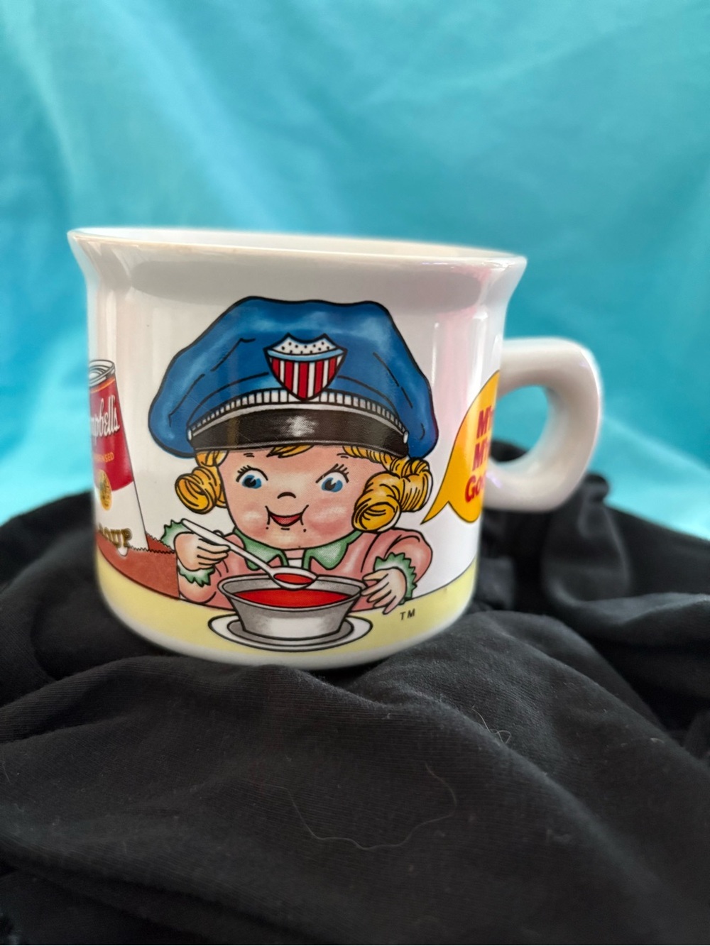 Vintage-Style White Campbells Soup Mug with Blue Hat Girl Illustration